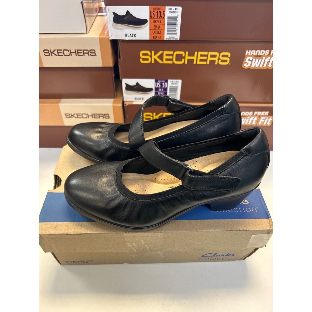 Clarks Collection Emily2 Mabel Black Leather Mary Jane Pumps Heels Size 9W 0570